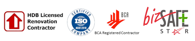 HDB Licensed Renovation Contractor, ISO 46001:2018 Certified, BCA Registered Contractor, BizSAFE STAR